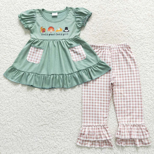 Baby Girls Kids Short Sleeves turkey Tunic Plaid Pants Set Thanksgiving Clothes
