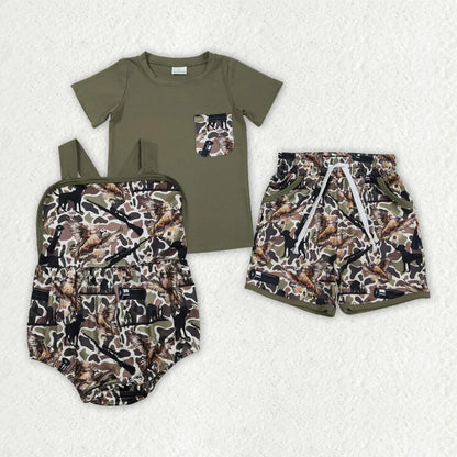 RTS Sibilng Baby Boys Kids Ducks Dogs Camo Hunting Bubble Romper Set Summer Clothes