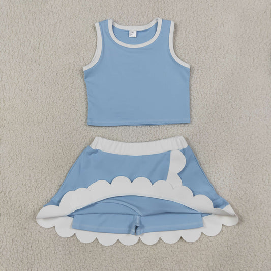 Baby Girls Kids Blue Shirt Scallop Green Skirt Shorts Yoga Active Set Clothes