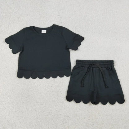 RTS Sibling Baby Girls Adult Women Short Sleeves Black Cotton Shirts Shorts Scallop Sets Summer Clothes