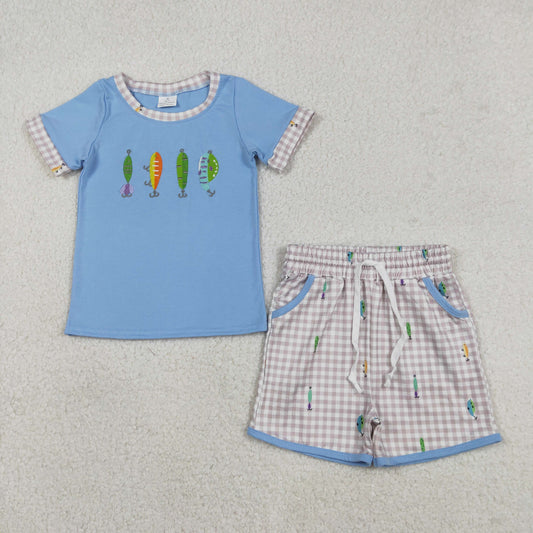 Baby Boys Short Sleeves Embroidery Fishing Shirt Plaid Pockets Shorts Set