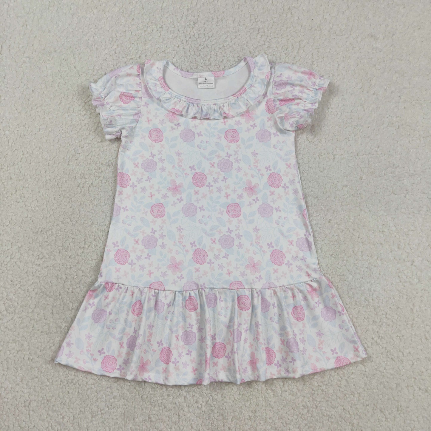RTS Baby Girls Kids Short Sleeves Purple Pink Flower Ruffle Knee Length Dress