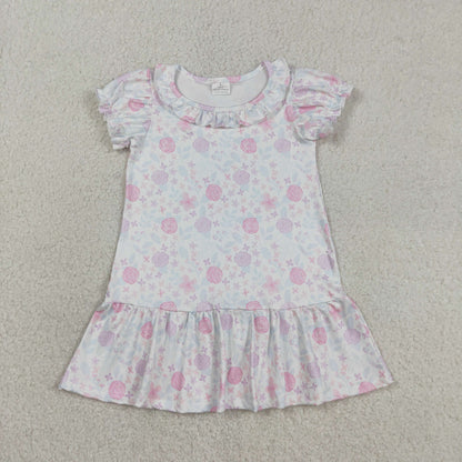 RTS Baby Girls Kids Short Sleeves Purple Pink Flower Ruffle Knee Length Dress