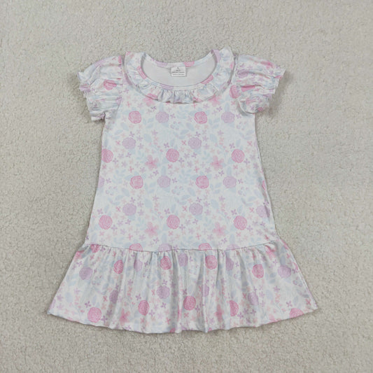 RTS Baby Girls Kids Short Sleeves Purple Pink Flower Ruffle Knee Length Dress