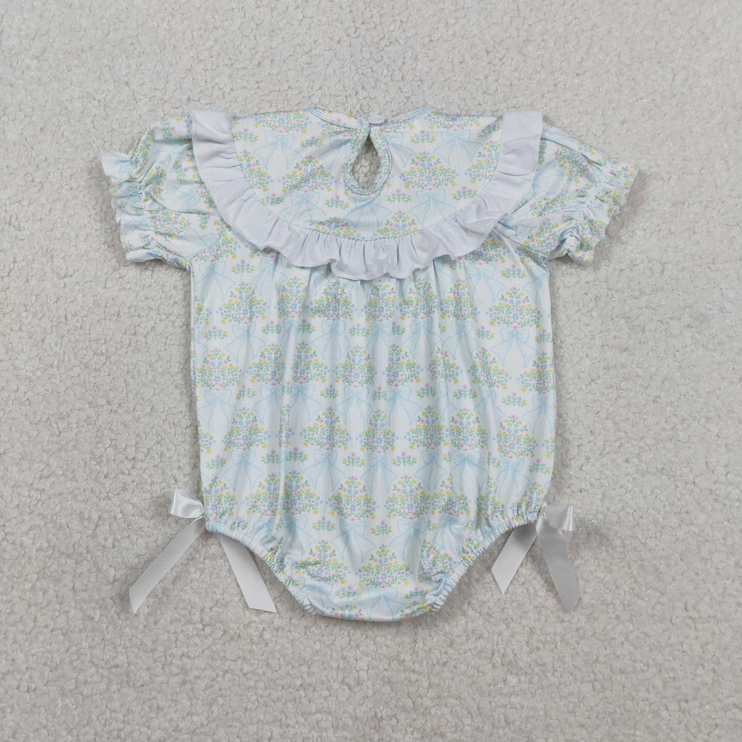 RTS Baby Girls Kids Short Sleeves Embroidery Smocked Bows Floral Bubble Romper