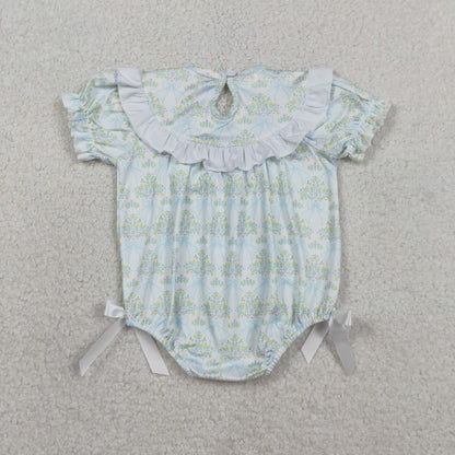 RTS Baby Girls Kids Short Sleeves Embroidery Smocked Bows Floral Bubble Romper