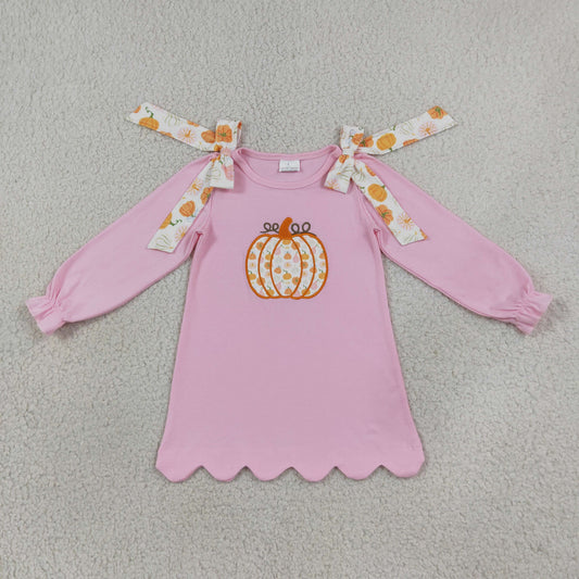 Baby Girls Kids Embroidery Pumpkins Bows Knee Length Pink Dress Fall Clothes