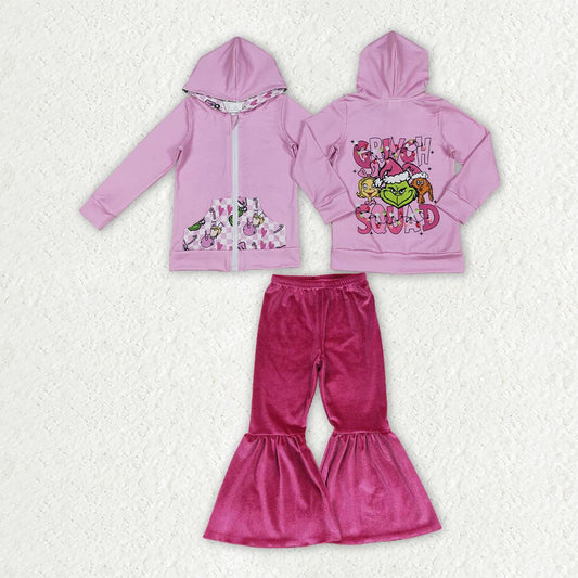 Baby Girl Kids Long Sleeves Zipper Hoodie Face Tops Velvet Pants Set Christmas Clothes