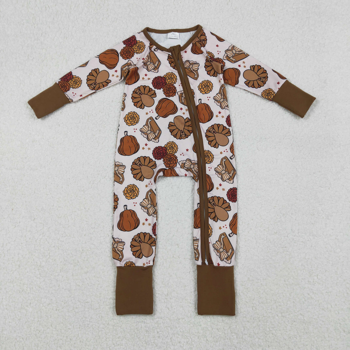 Girls Kids turkey Pumpkin Pie Fall Thanksgiving Zipper Sleeper Romper