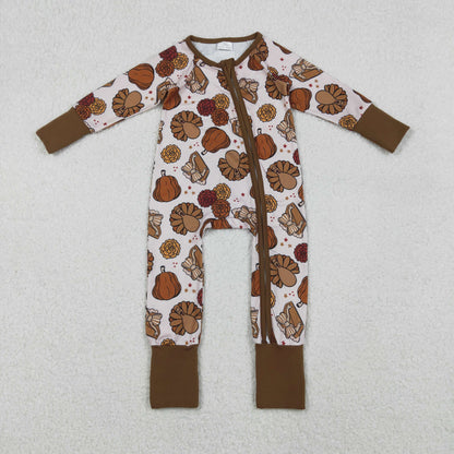 Girls Kids turkey Pumpkin Pie Fall Thanksgiving Zipper Sleeper Romper