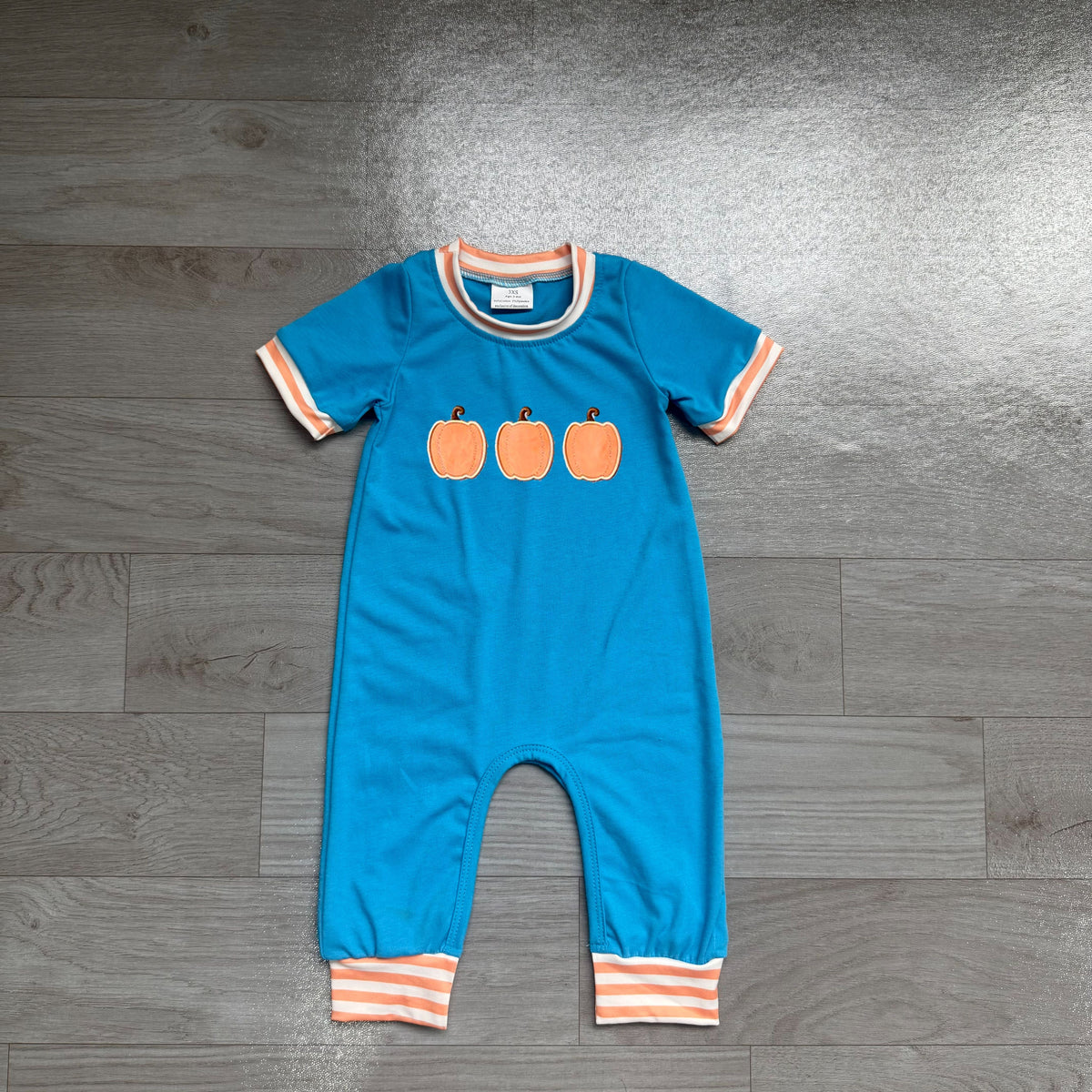 Moq 5 Preorder Baby Boy Kids Embroidery Pumpkins Blue Romper Fall Clothes