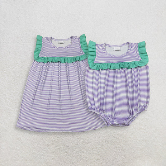 Sibling Baby Girls Kids Short Sleeves Stripes Ruffle Bubble Romper Knee Length Dress Clothes