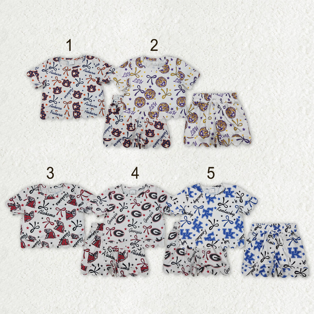 RTS Sibling Baby Girls Kids Short Sleeves Bows Team Shirts Pockets Shorts Sets Scallop Clothes