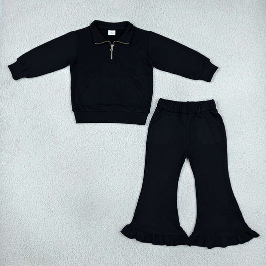 Baby Girls Kids Long Sleeves Black Zipper Shirt Pockets Pants Set Sweatsuit‌ Cotton Clothes