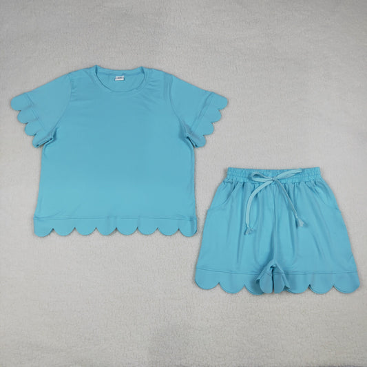 Adult Women Blue Green Short Sleeves Shirt Shorts Pajamas Clothes Set