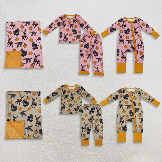 Sibling Baby Boys Girls Kids Pumpkins Deer Ducks Zipper Fall Romper Sets Pajamas Blankets Thanksgiving Clothes