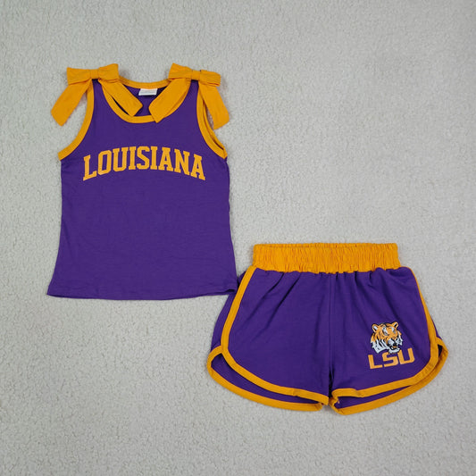 Baby Girls Kids Sleeveless Bows Cotton Shirt Tiger Shorts Purple Set Cheer Team Clothes