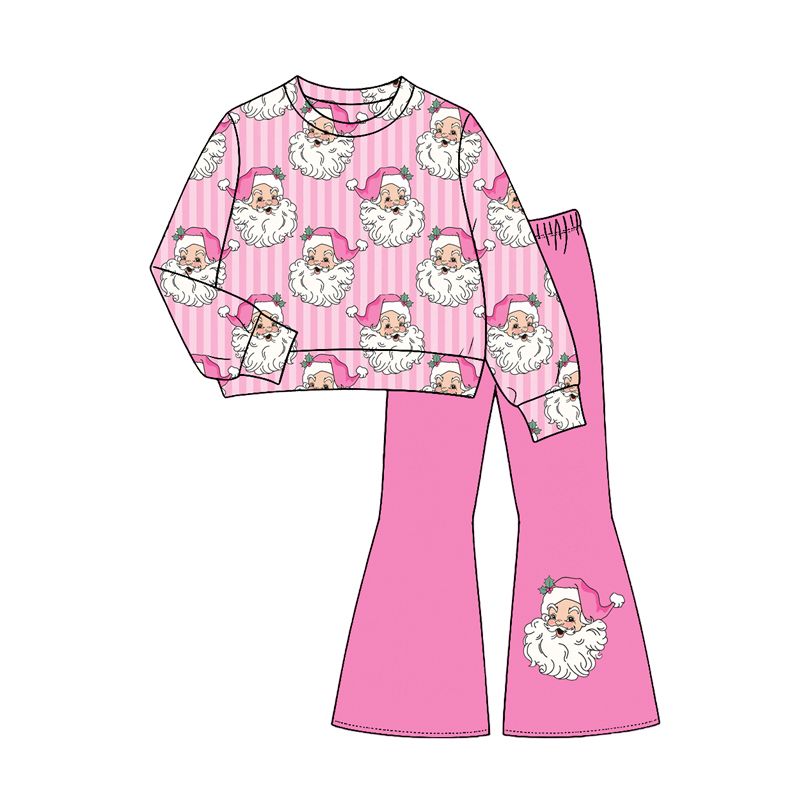 Moq 5 Preorder Baby Girls Kids Long Sleeves Christmas Santa Stripes Shirt Pink Pants Set Clothes