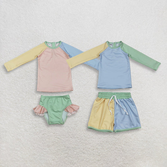 RTS Sibling Baby Boys Girls Kids Long Sleeves Zipper Tops Shorts Sets Swimsuits Clothes