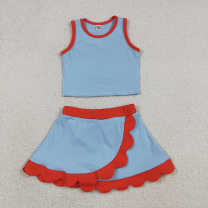 Baby Girls Kids Shirt Scallop Skirt Shorts Yoga Active Blue Red Set Clothes