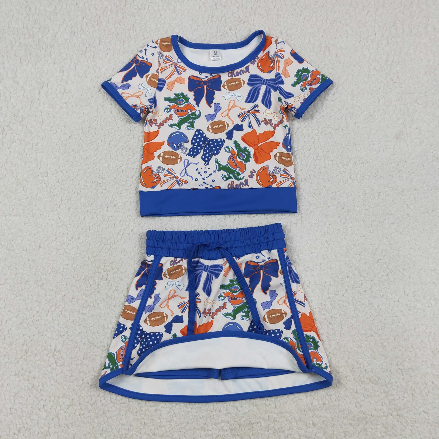 Baby Girls Toddler Short Sleeves Bows Football Team Shirt Shorts Yoga Blue Set