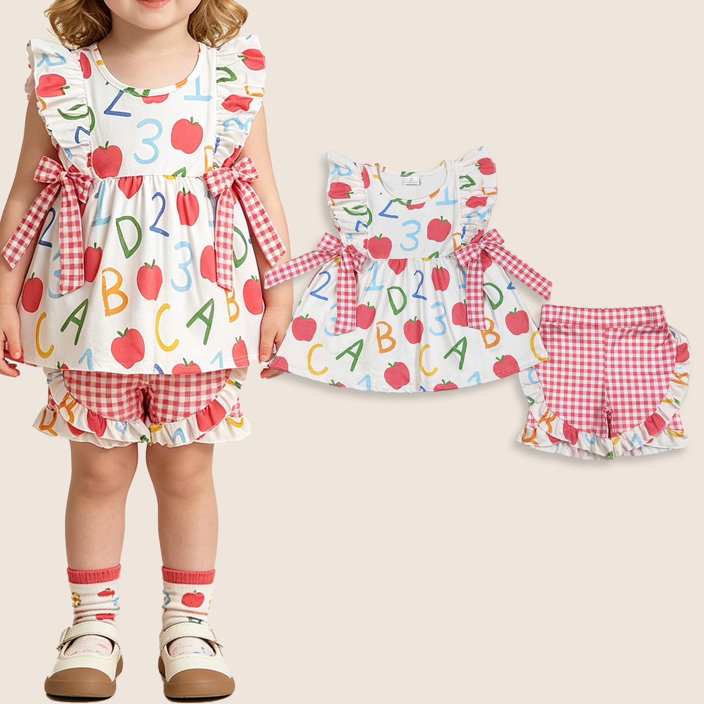 Baby Girls Kids Sleeveless Apple Bows Tunic Plaid Ruffle Shorts Back to School Set