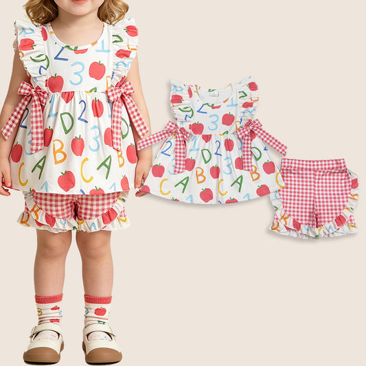 Baby Girls Kids Sleeveless Apple Bows Tunic Plaid Ruffle Shorts Back to School Set