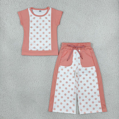 Baby Girl Kids Short Sleeves Dots Shirt Pockets Pants Set Yoga Active Clothes