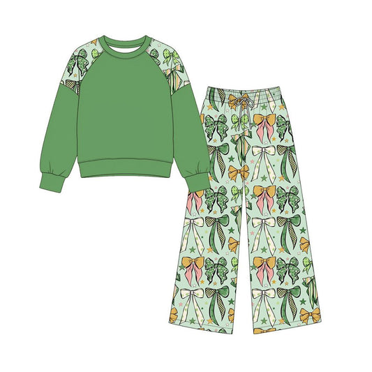 Moq 5 Preorder Baby Girls Kids Long Sleeves Green Shirt Bows Pants St. Patrick Set Clothes