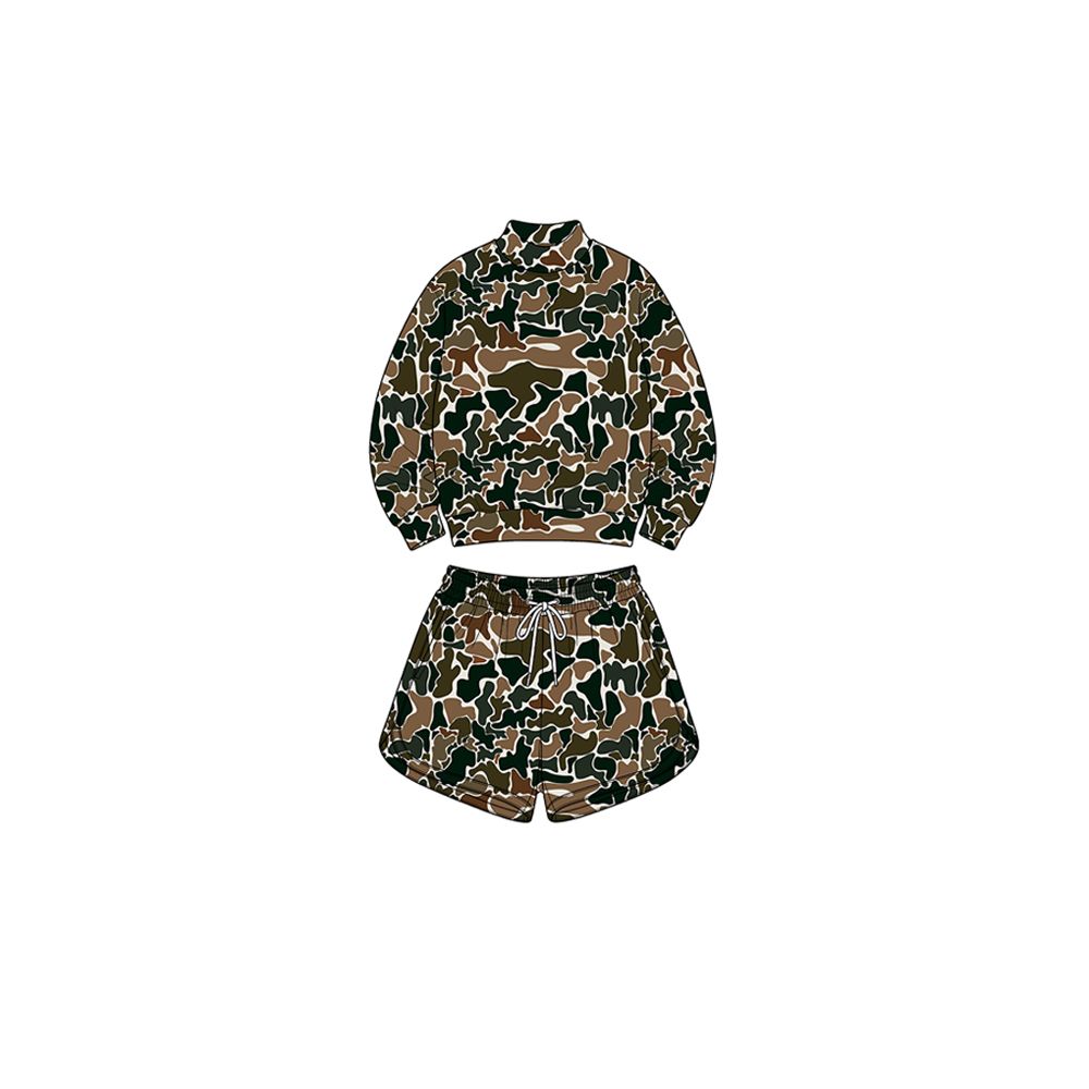 Moq 5 Preorder Baby Girls Kids Long Sleeves Brown Camo Shirt Pockets Shorts Set Yoga Active Clothes