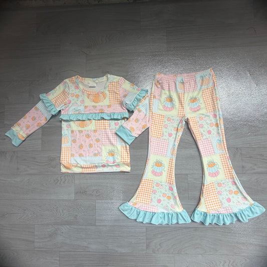 No moq Preorder Baby Girls Kids Pumpkins Bows Plaid Tops Ruffle Pants Set Fall Clothes