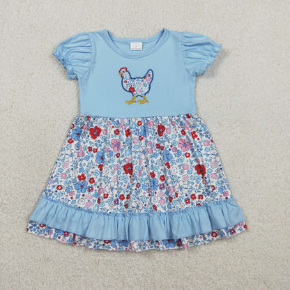 RTS Baby Girls Blue Short Sleeves Embroidery Chicken Floral Knee Length Dress