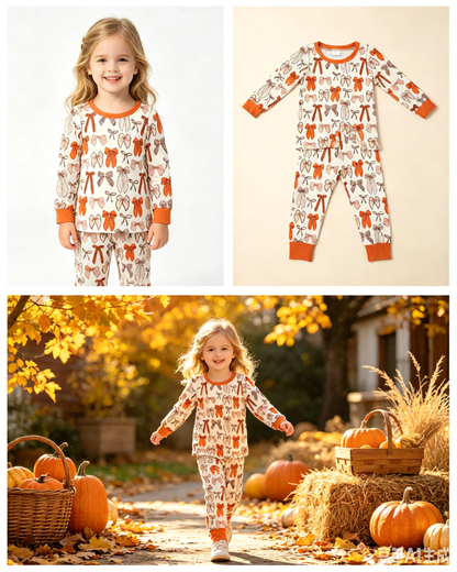 Baby Girls Kids Long Sleeves Brown Bows Shirt Pants Set Pajamas Clothes