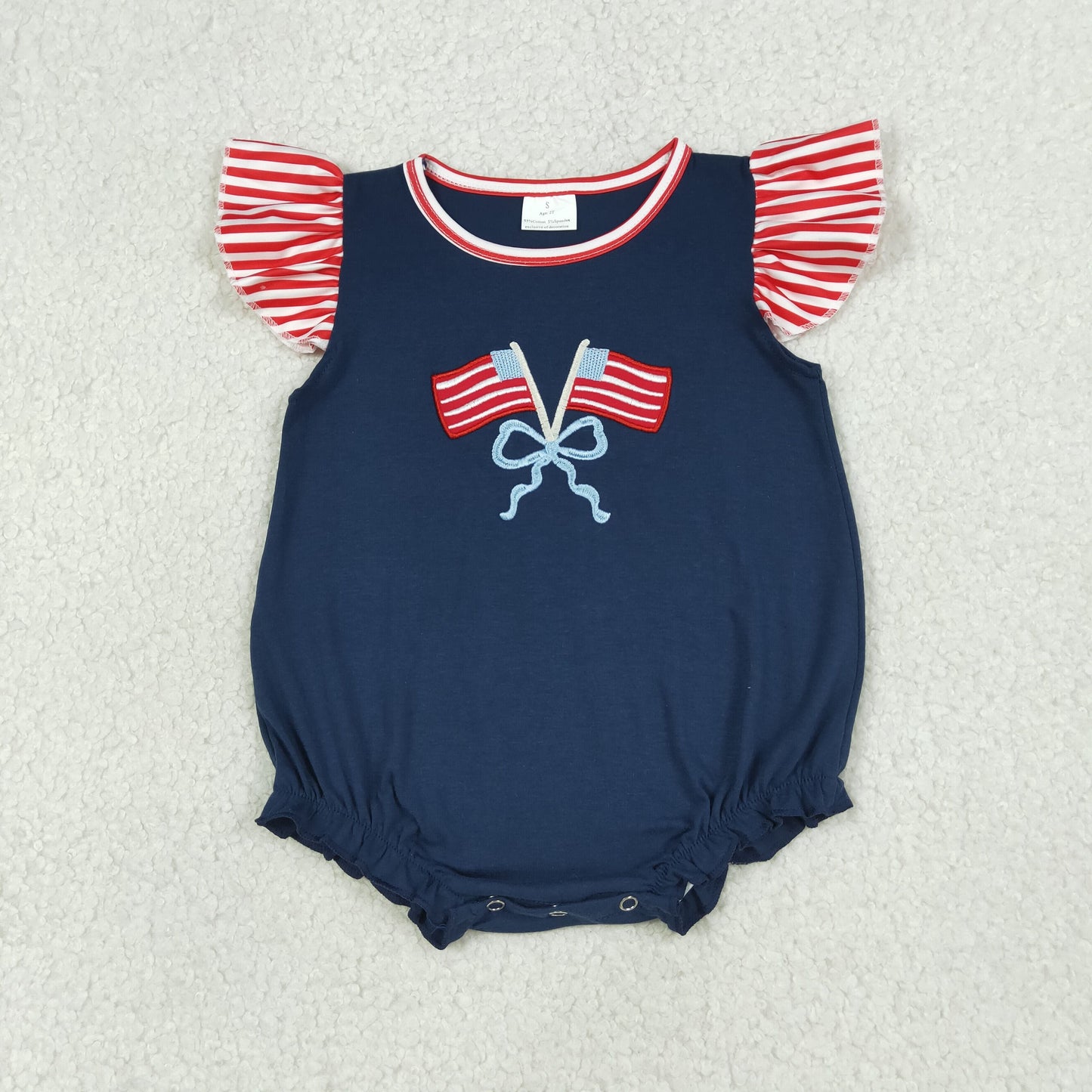 RTS Baby Girls Navy Short Sleeves Embroidery Flags Bows 4th of July Bubble Romper