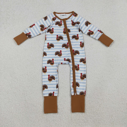 Baby Boys Infant Long Sleeves turkey Thanksgiving Stripes Zipper Fall Sleeper Romper