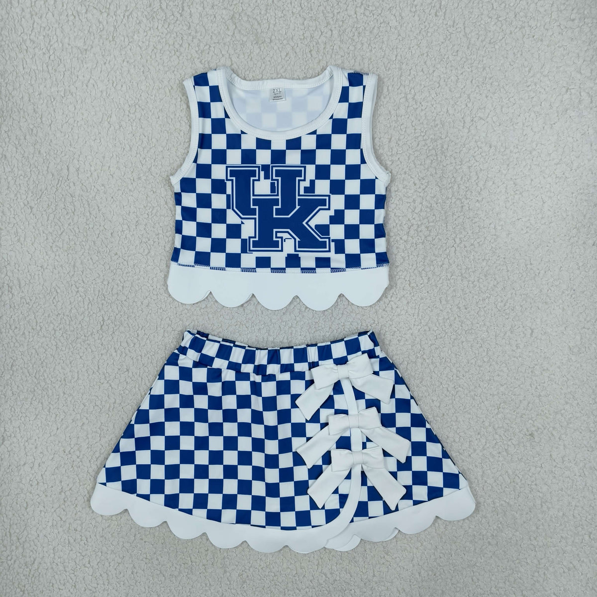 Baby Girls Kids Blue Checked Shirt Scallop Bows Skirt Shorts Team Set Yoga Active Clothes RTS