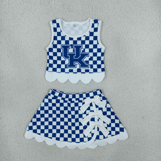 Baby Girls Kids Blue Checked Shirt Scallop Bows Skirt Shorts Team Set Yoga Active Clothes RTS