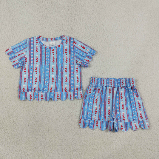 Baby Girls Bows Flower Stripes Shirt Scallop Shorts Set 4th of July Clothes