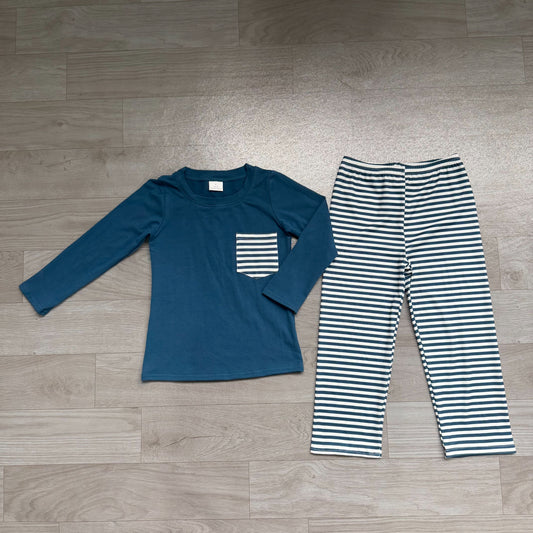 No moq Preorder Baby Kids Long Sleeves Blue Shirt Stripes Pants Set Pajamas Clothes