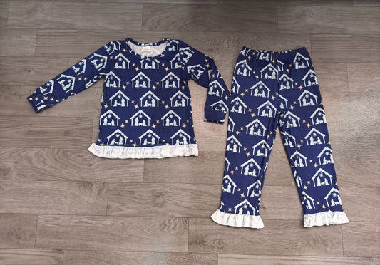 No moq Preorder Baby Girls Kids Nativity Blue Ruffle Shirt Pants Set Christmas Pajamas Clothes