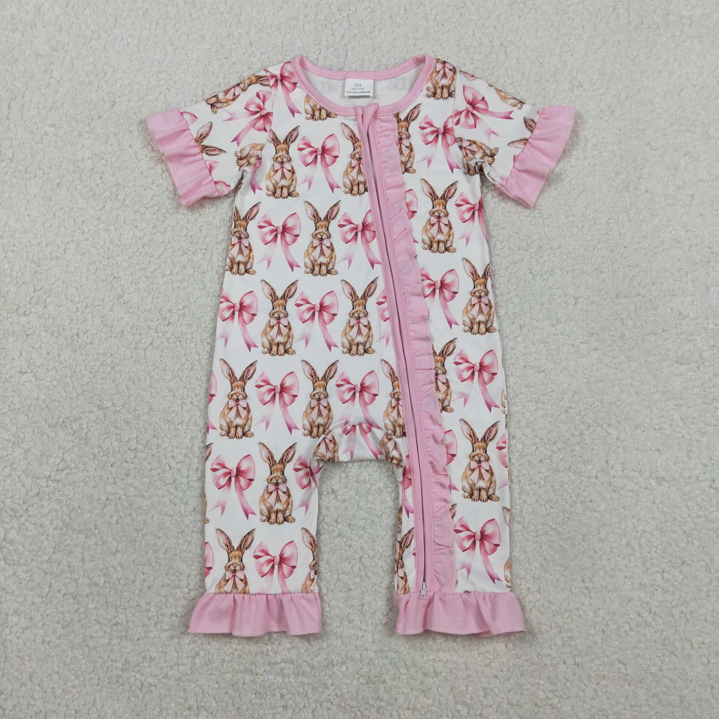 RTS Baby Girls Infant Short Sleeves Rabbits Bows Zipper Pink Ruffle Romper