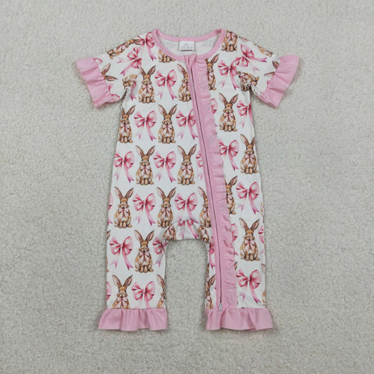 RTS Baby Girls Infant Short Sleeves Rabbits Bows Zipper Pink Ruffle Romper