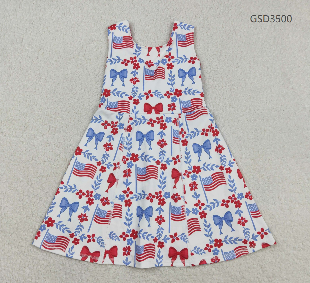 RTS Baby Girls Kids Flags Bows Flowers 4th of July Shorts Knee Length Yoga Dress
