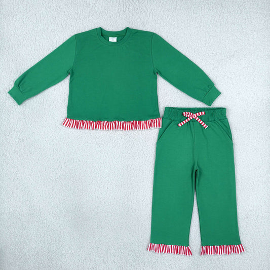 Baby Girls Kids Stripes Ruffle Shirt Pockets Pants Green Cotton Set Christmas Clothes