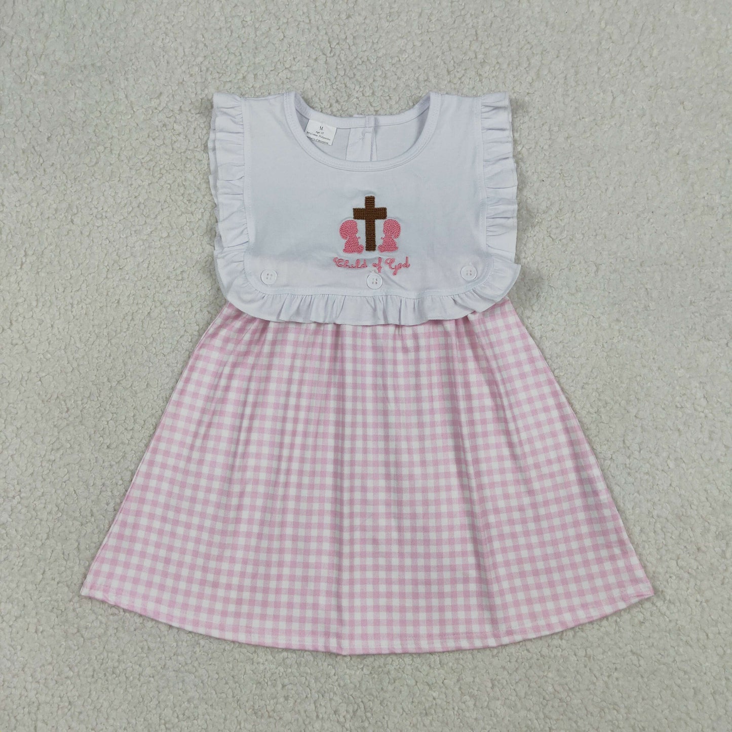Baby Girls Sleeveless Embroidery Cross Child of God Pink Plaid Knee Length Dress