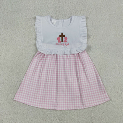 Baby Girls Sleeveless Embroidery Cross Child of God Pink Plaid Knee Length Dress