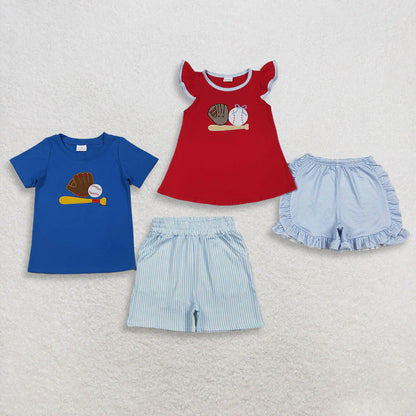 RTS Sibling Baby Boys Girls Kids Short Sleeves Embroidery Baseball Bows Tops Stripes Shorts Set