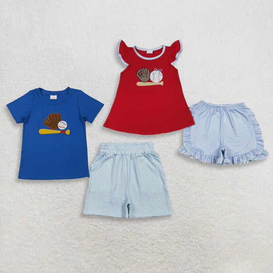 RTS Sibling Baby Boys Girls Kids Short Sleeves Embroidery Baseball Bows Tops Stripes Shorts Set