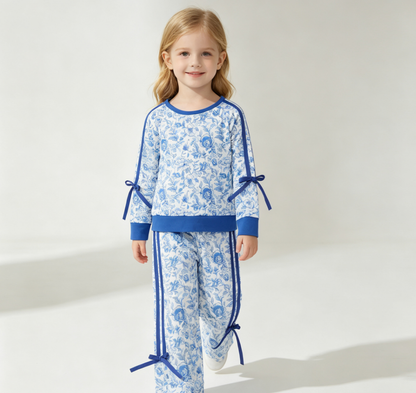 Baby Girls Kids Long Sleeves Flower Blue Bows Shirt Pockets Pants Set Clothes