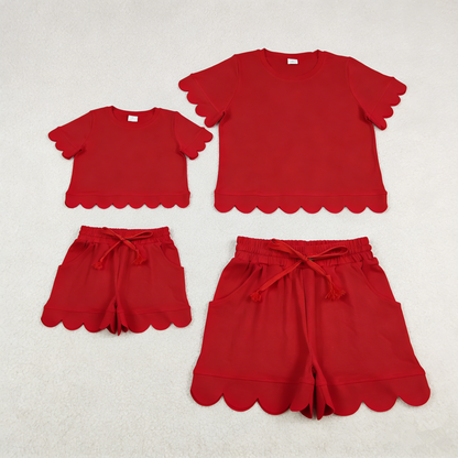 RTS Sibling Baby Girls Adult Women Short Sleeves Red Cotton Shirts Shorts Scallop Sets Summer Clothes